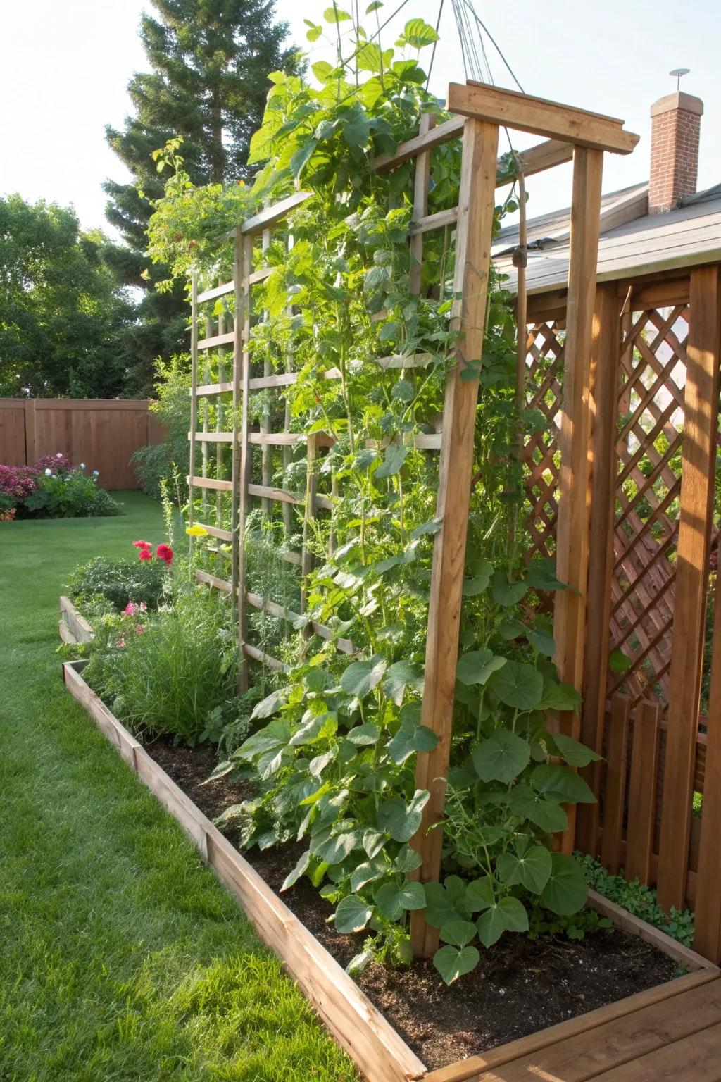 A vertical vegetable garden on a lattice trellis.