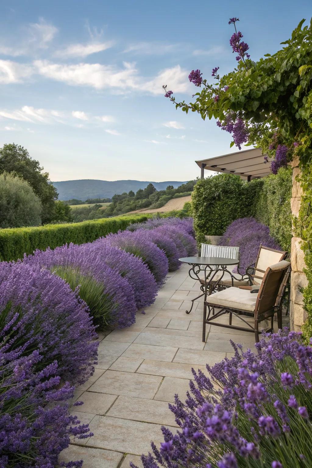 A patio enveloped by fragrant lavender hedges.