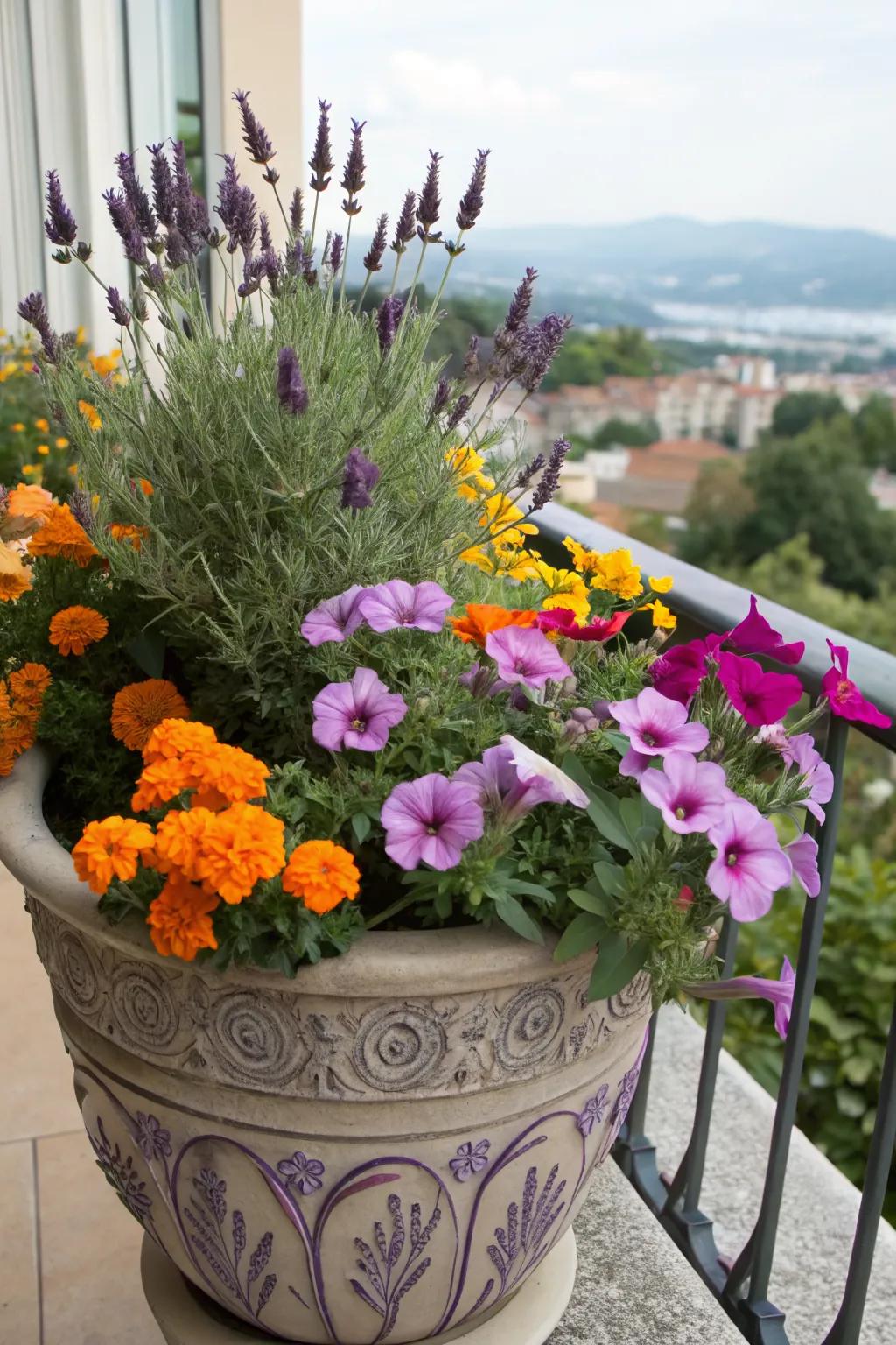 A colorful blend of lavender, marigolds, and petunias.