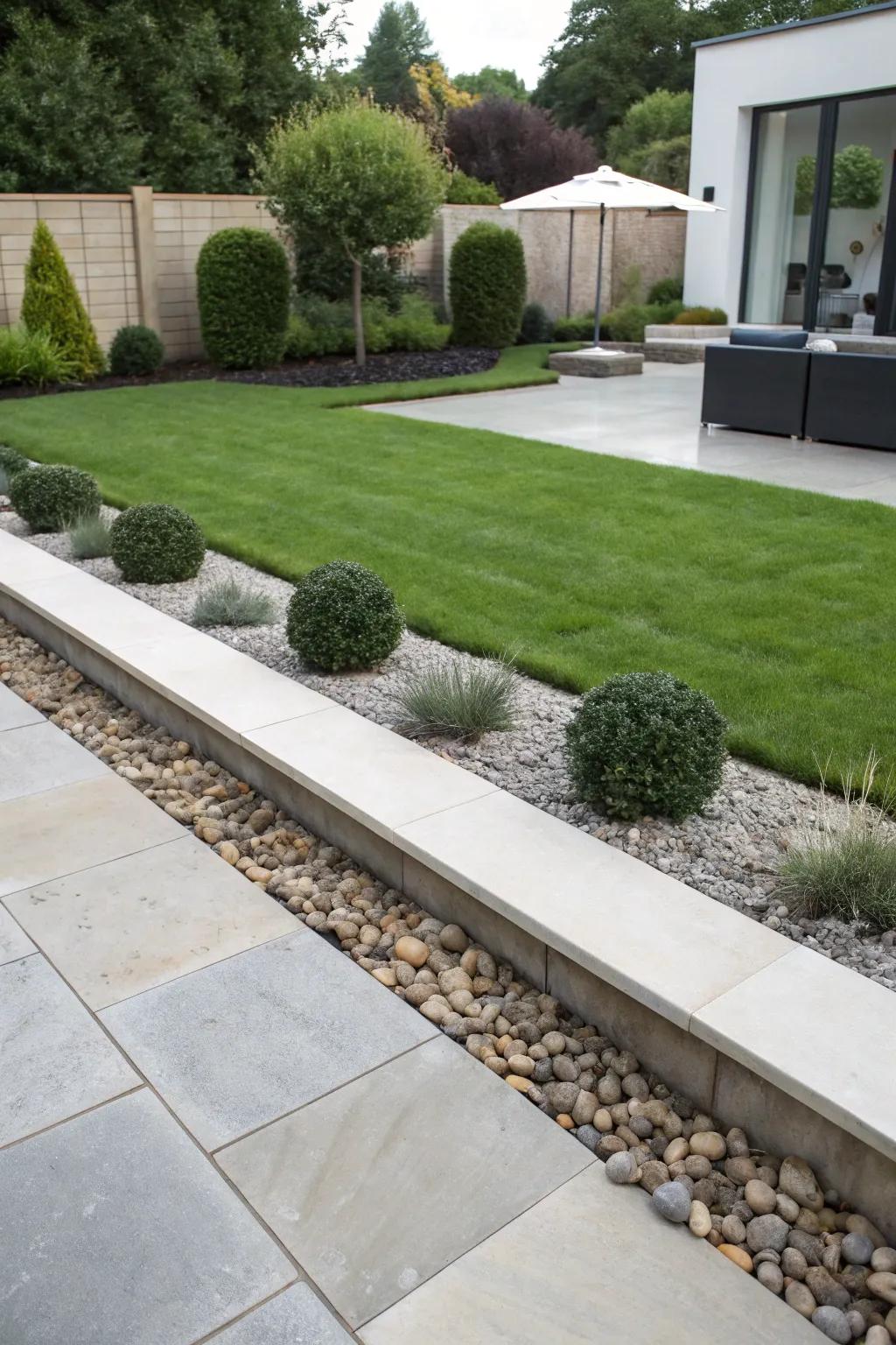 Modern stone and gravel border for a sleek lawn separation.