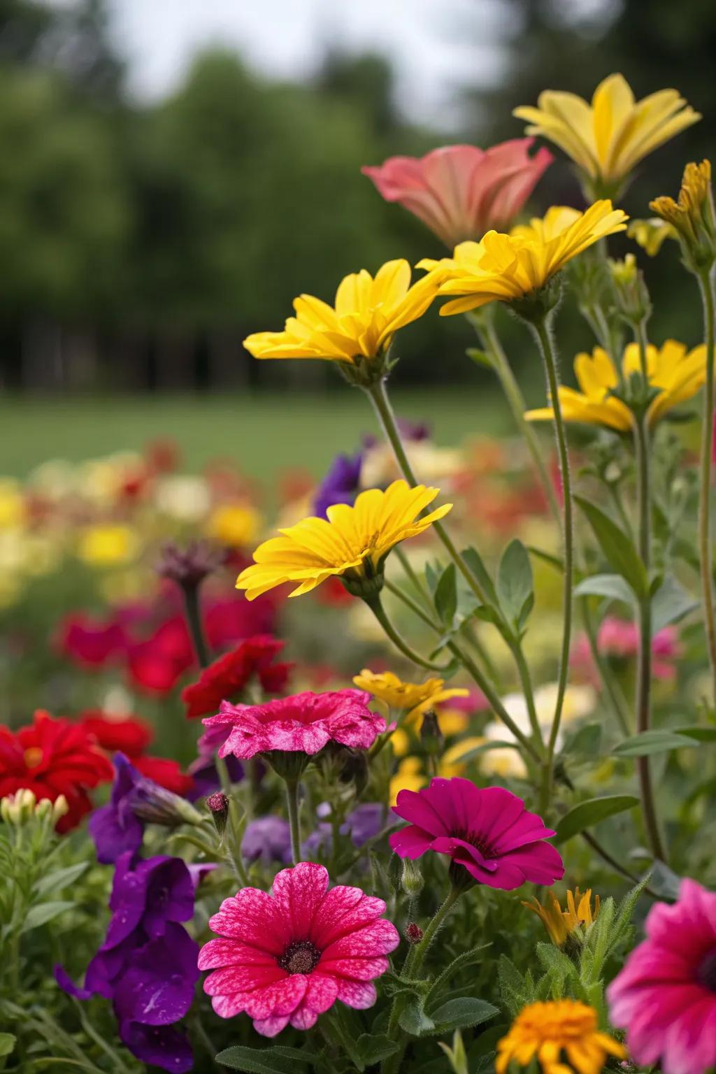 A rainbow of blooms creates a vibrant and lively garden bed.