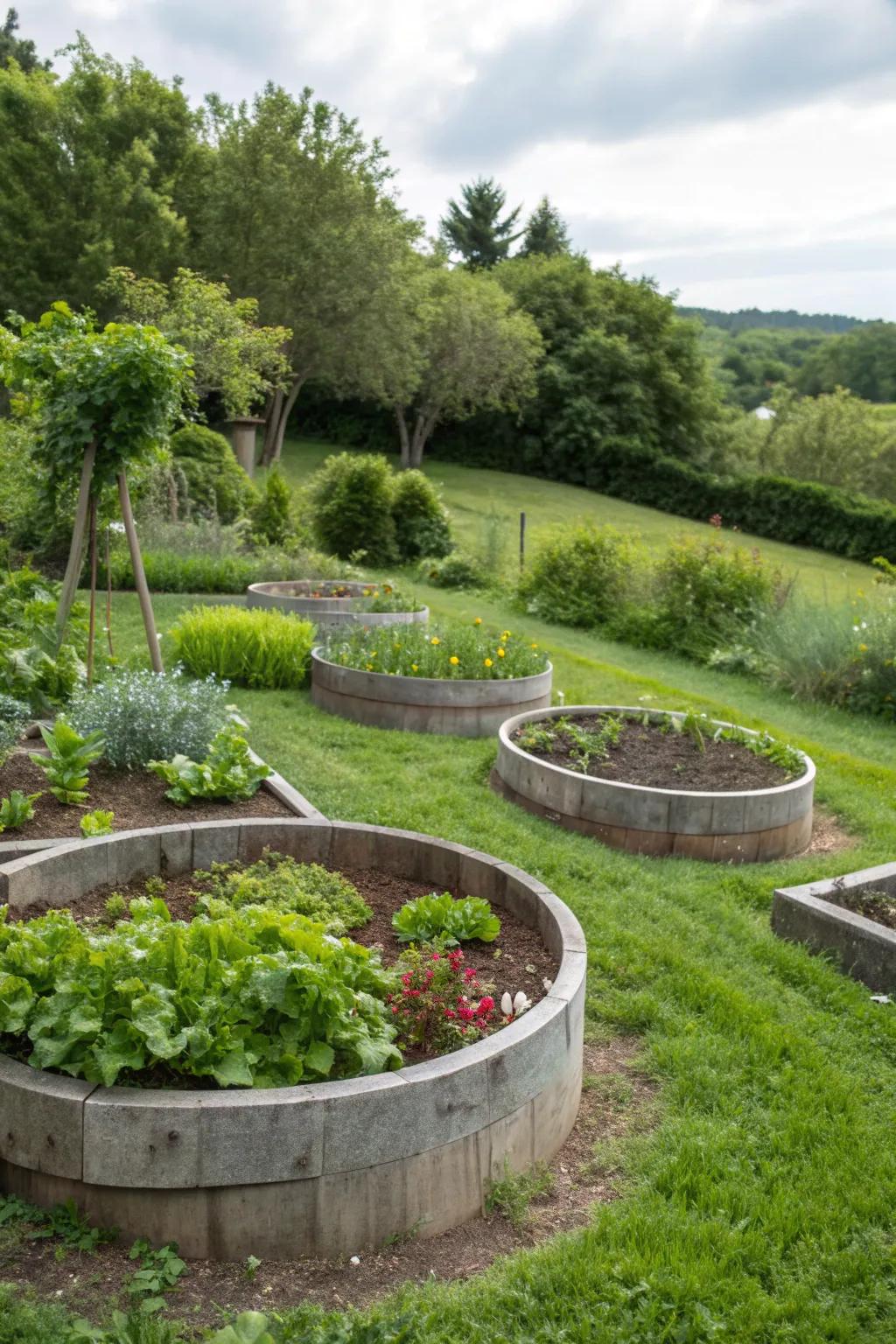 Create a focal point with circular raised beds.