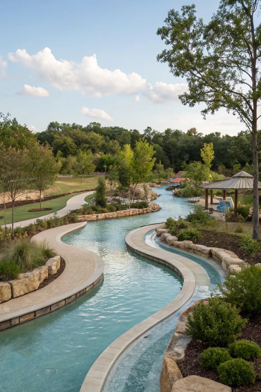 A backyard lazy river with elegant curved pathways, blending seamlessly with its natural environment.
