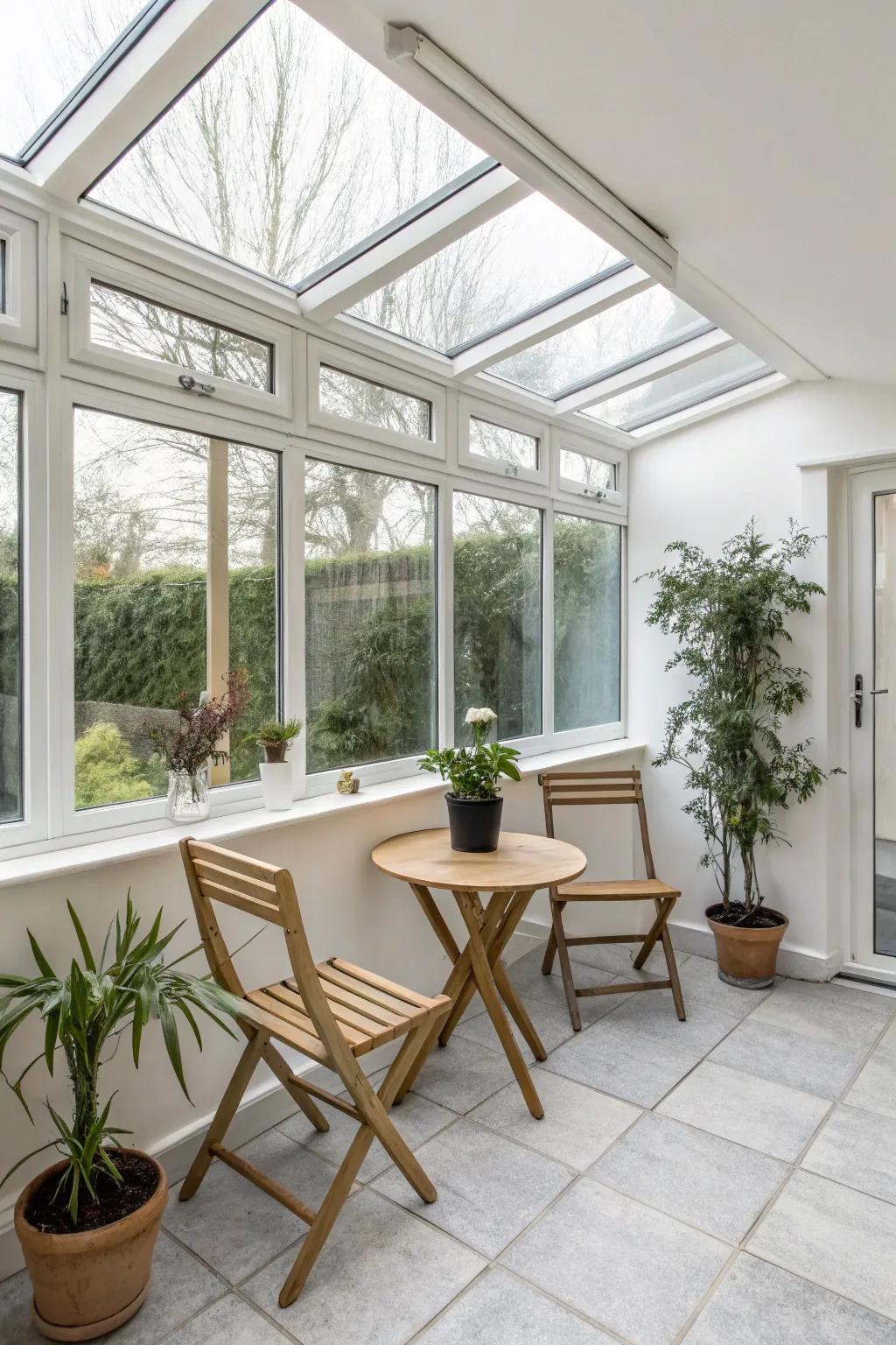 A minimalist design creates a serene atmosphere in this lean-to conservatory.