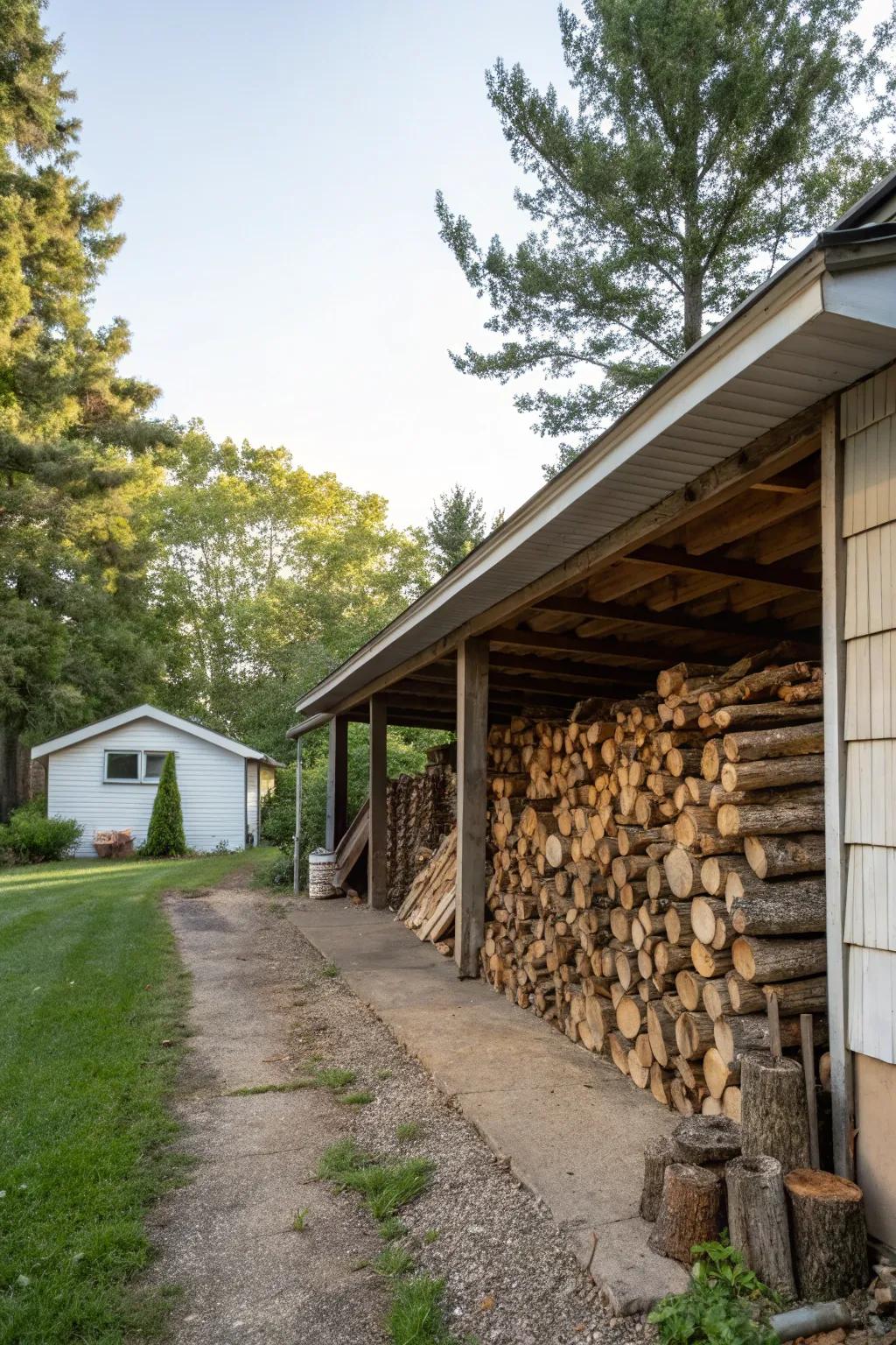 Neatly stacked firewood stored in a lean-to structure.