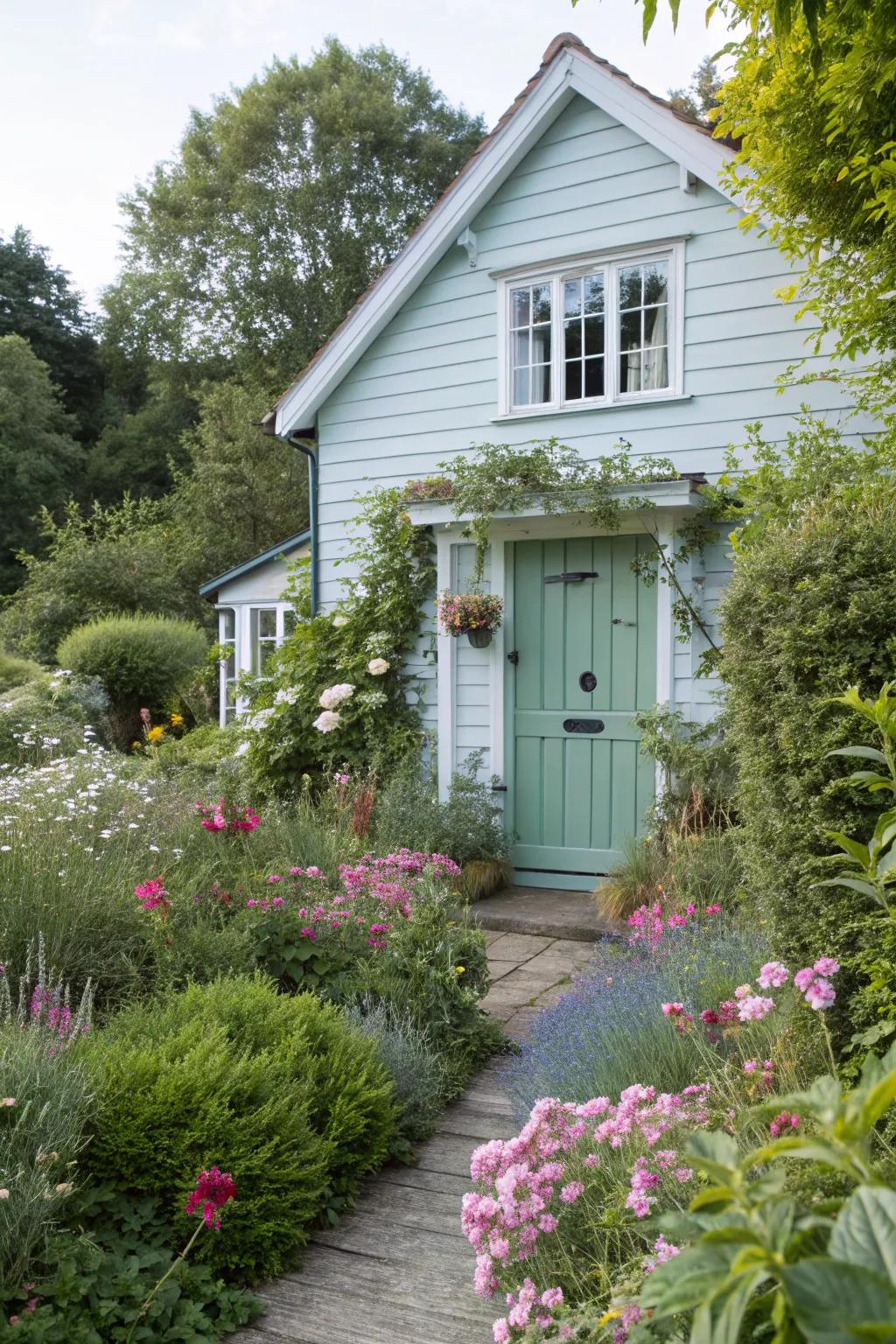 A green door adds an earthy touch to a blue house.