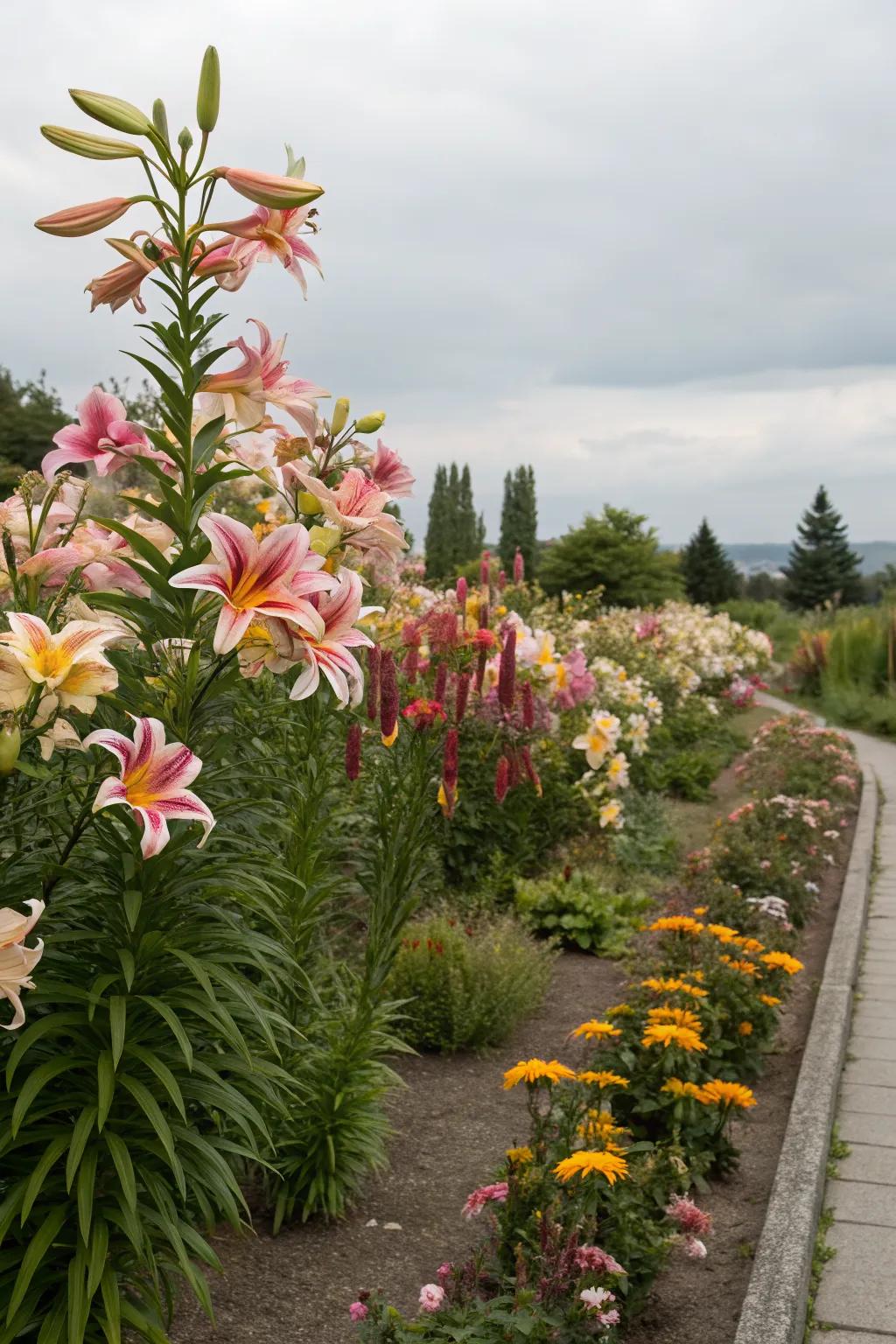 Layered lilies adding depth to the garden.