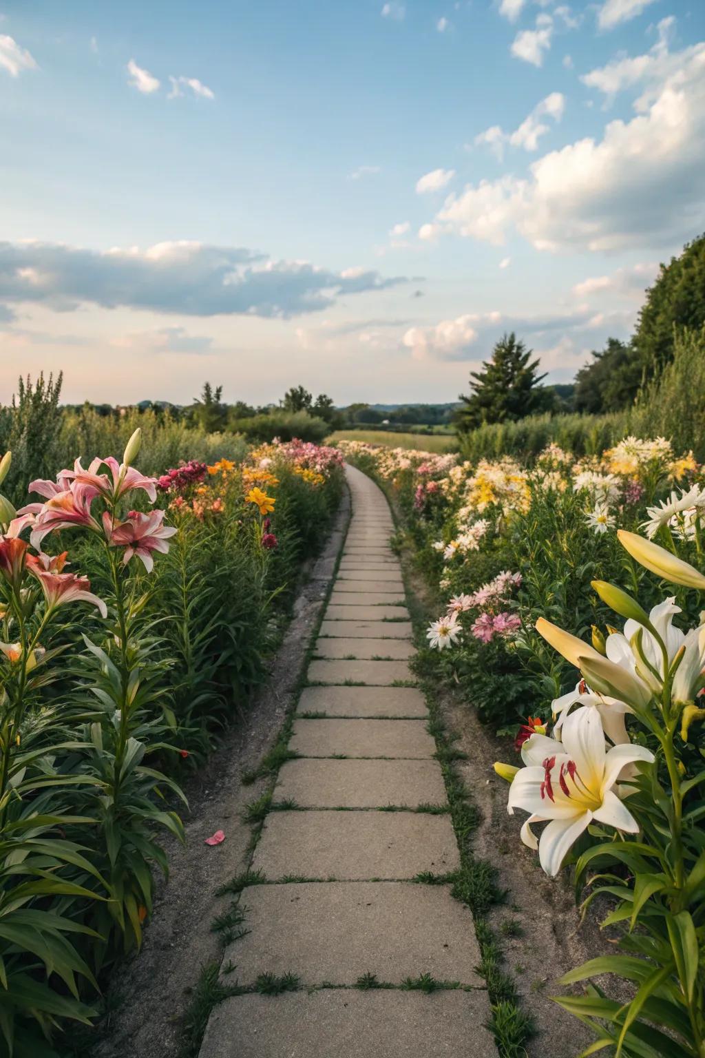 Lilies lining a garden path add structure and beauty