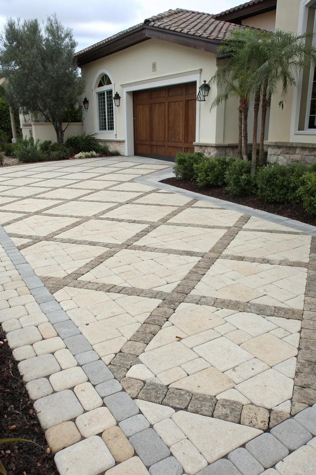 A driveway showcasing a harmonious mix of limestone and concrete pavers.