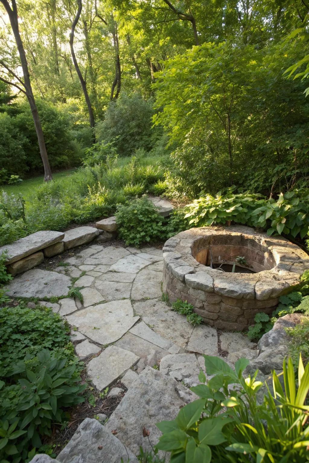 A sunken limestone fire pit offers a private retreat.
