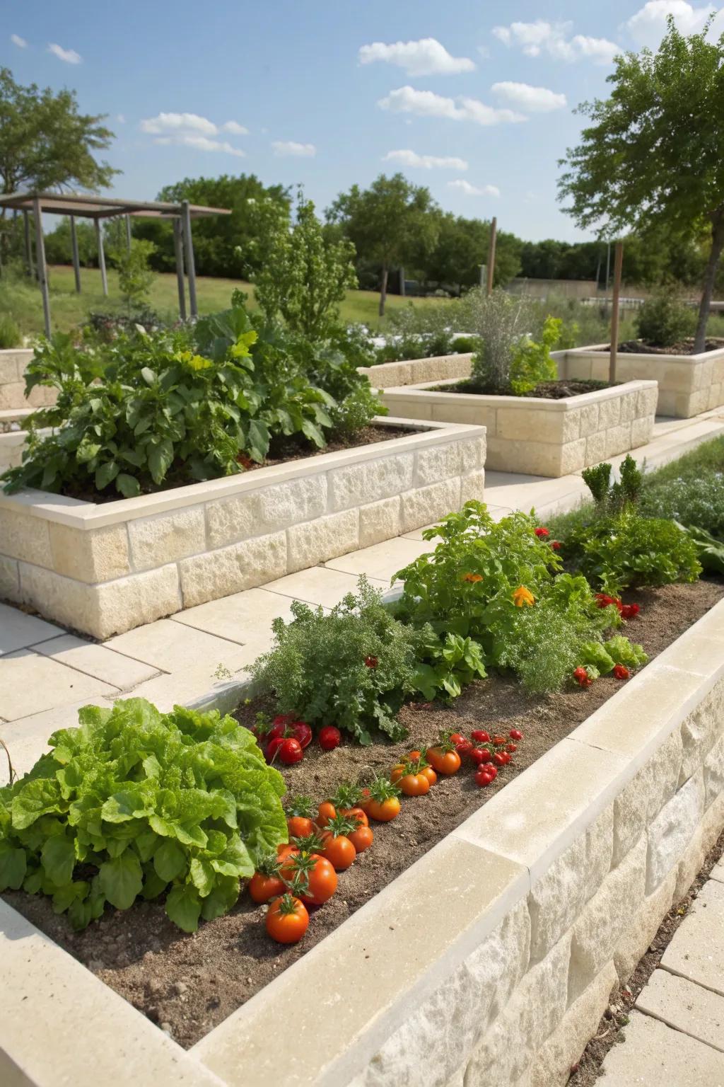 Limestone raised beds combine beauty with practicality.