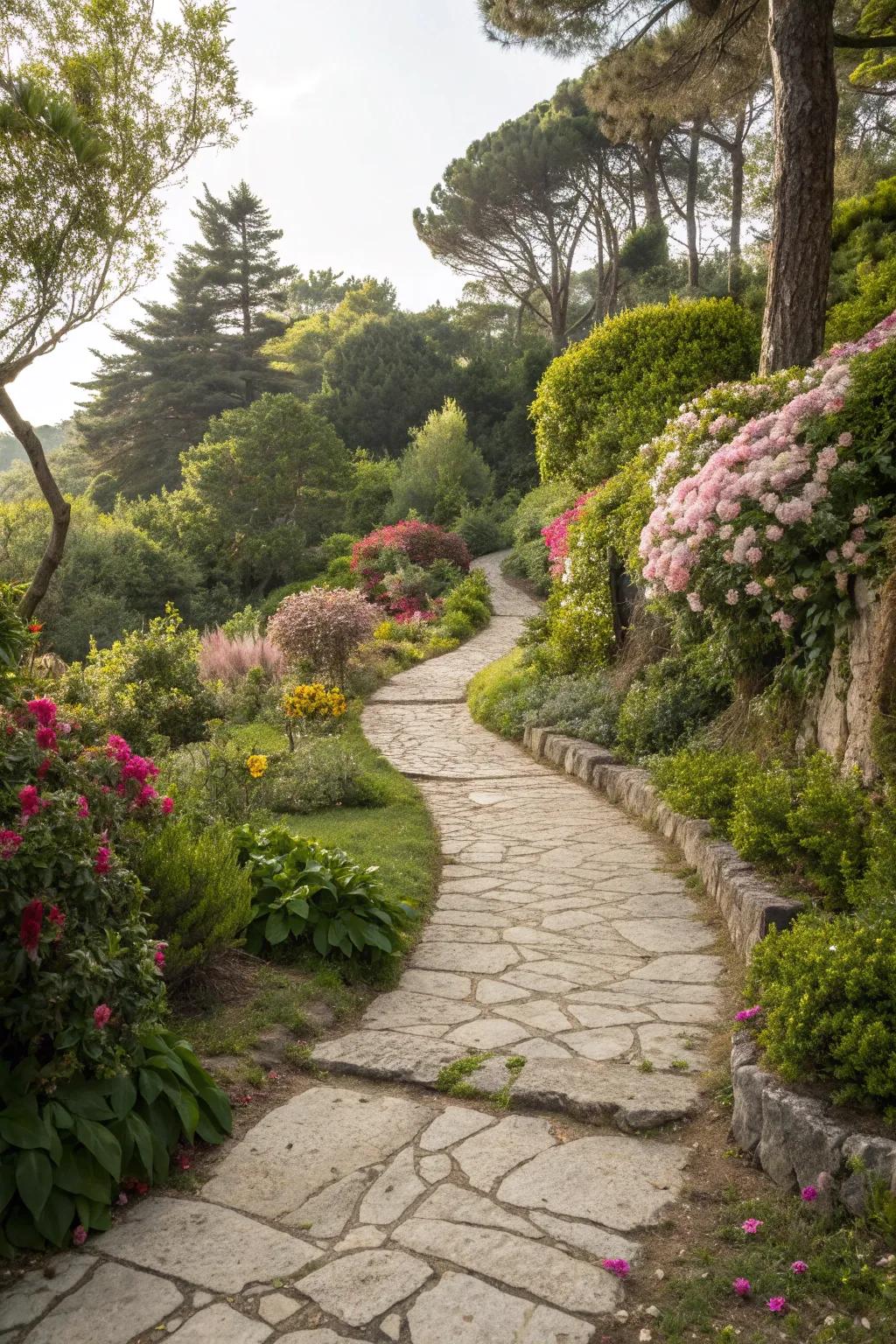 Rustic limestone pathways add charm and functionality.