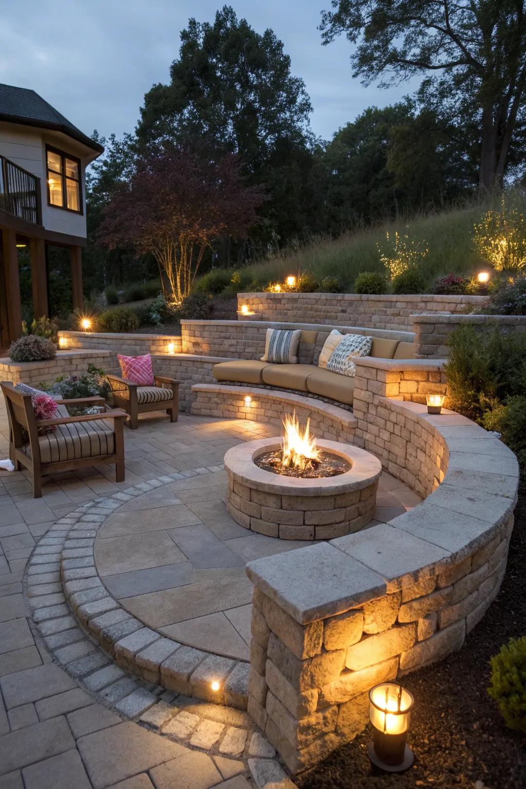 Limestone walls make fire pit areas inviting and stylish.