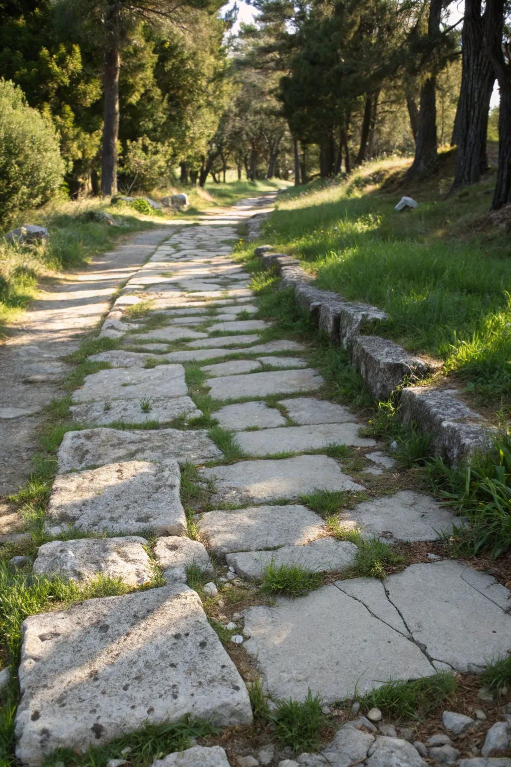 Limestone path with grass growing in between.