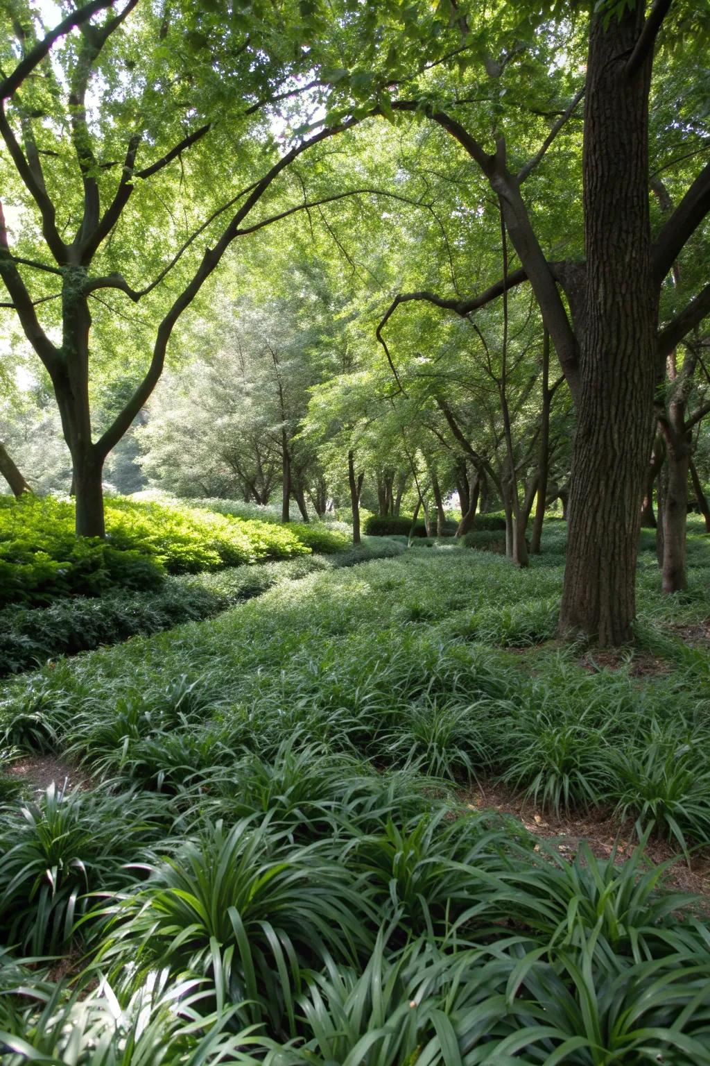 Liriope used as a low-maintenance ground cover under trees.