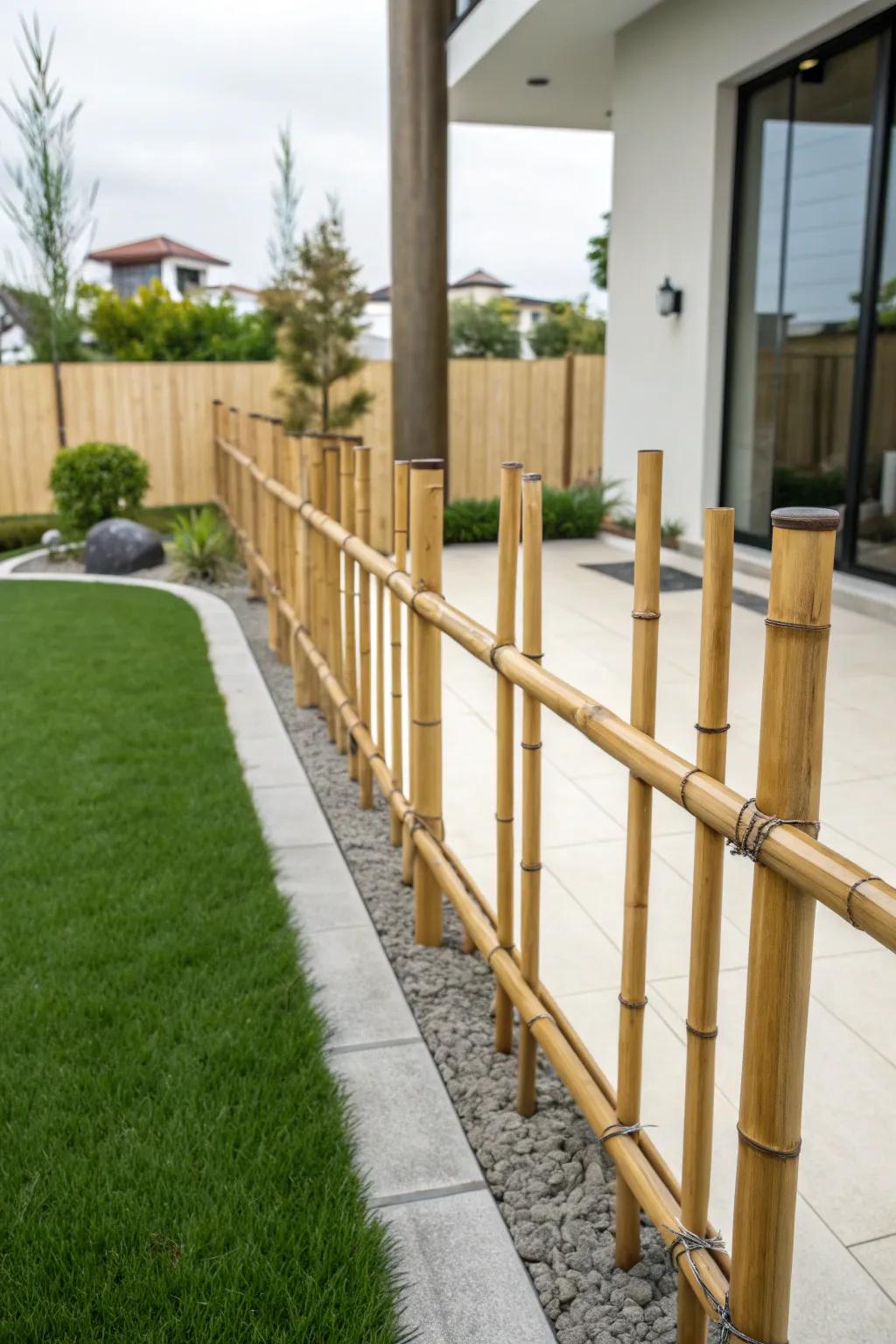 A sleek minimalist bamboo fence enhancing a modern garden's aesthetics.