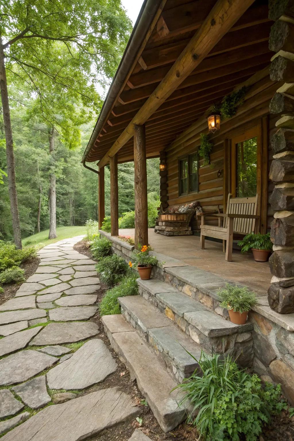 Stone accents blend seamlessly with the rustic wood of the cabin.