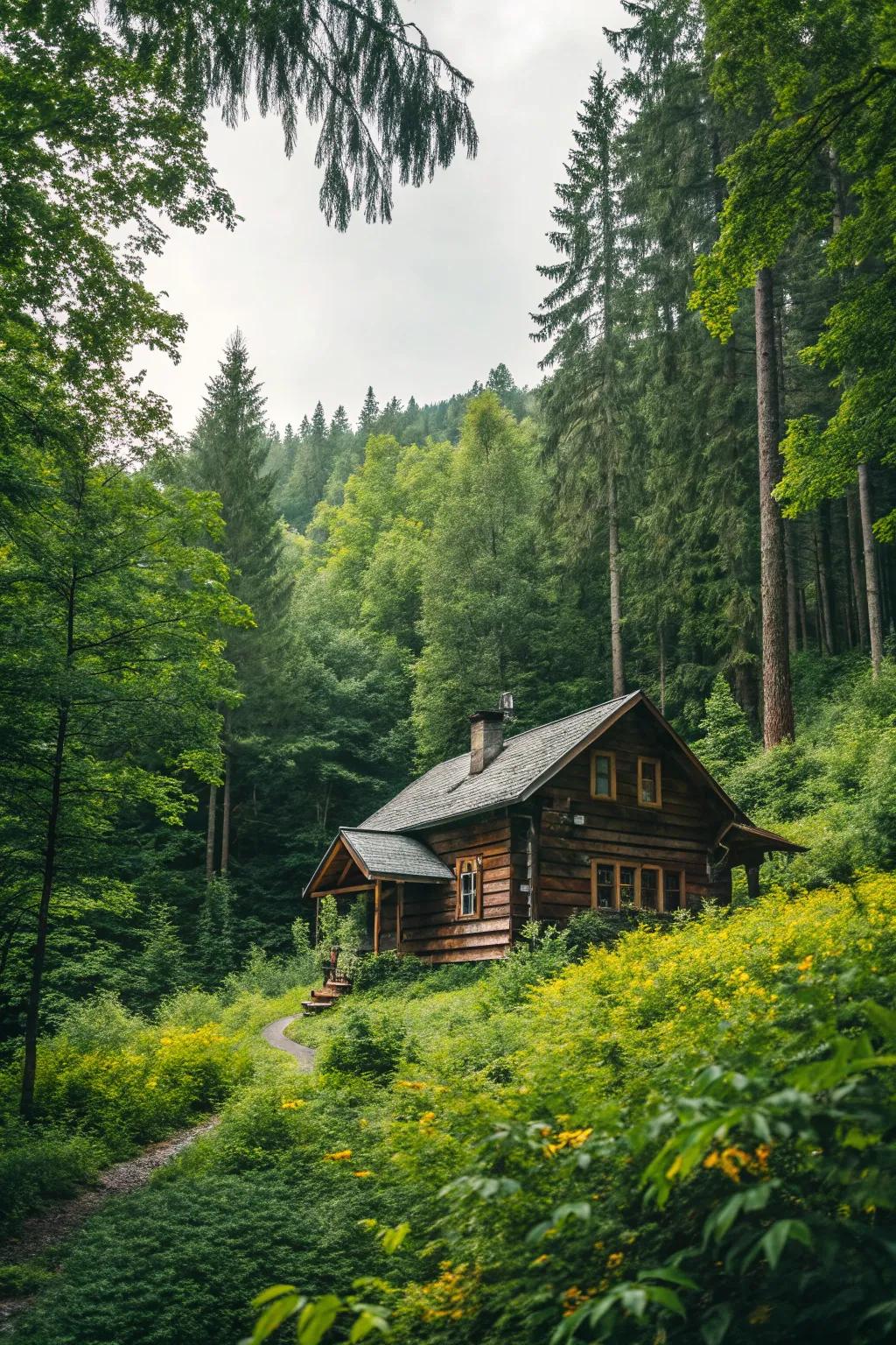 A log cabin harmoniously integrated with its natural surroundings.