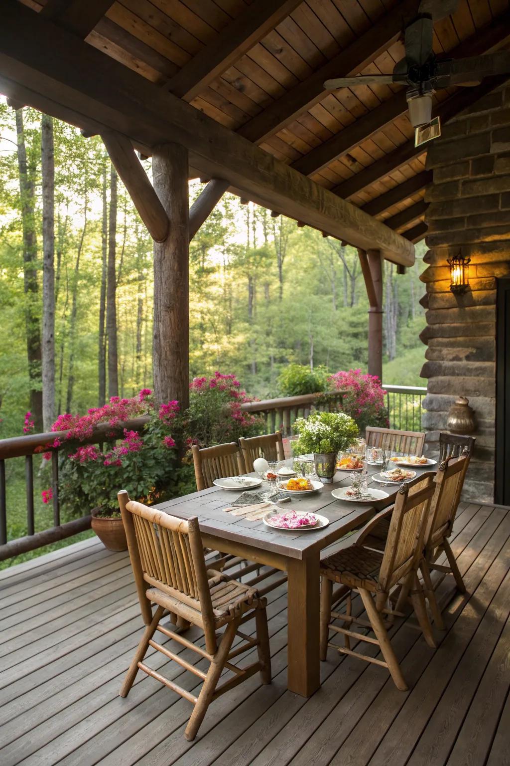 A rustic dining setup on a log cabin porch, ideal for enjoying meals amidst nature.
