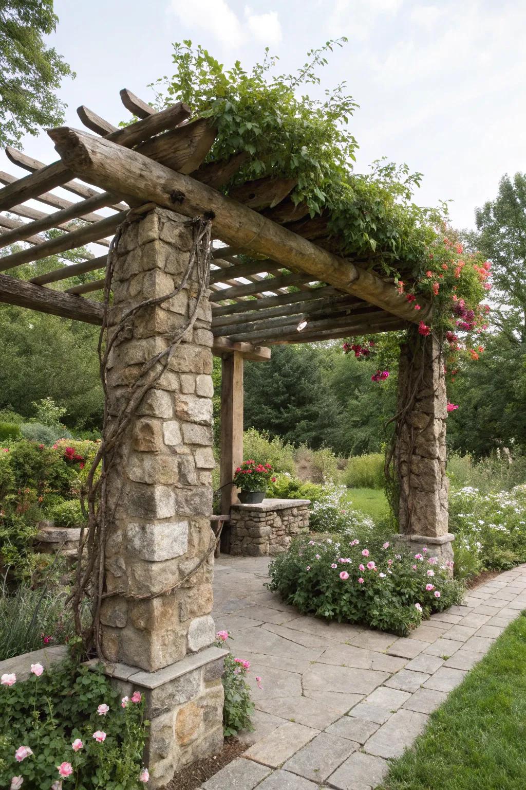 A rustic pergola with a stone foundation, nestled in nature.