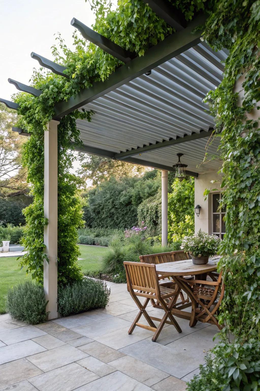 A louvered patio cover beautifully integrated with nature.