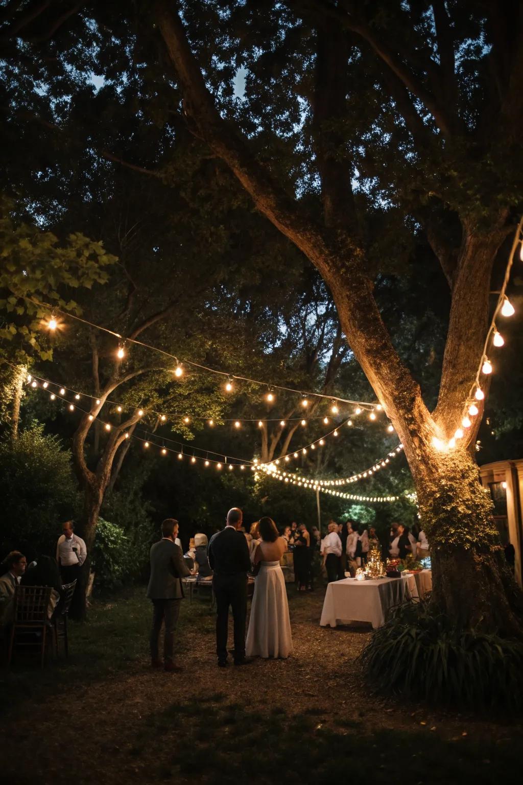String lights can add a magical glow to your backyard wedding.
