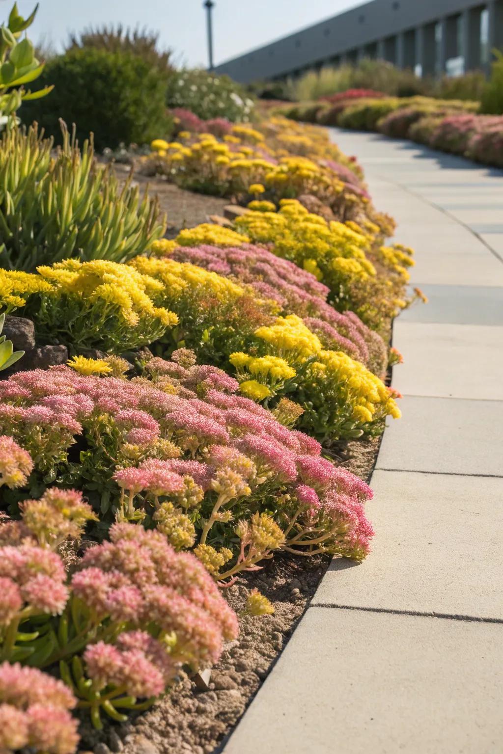 Sedum plants add color and texture with minimal water needs.
