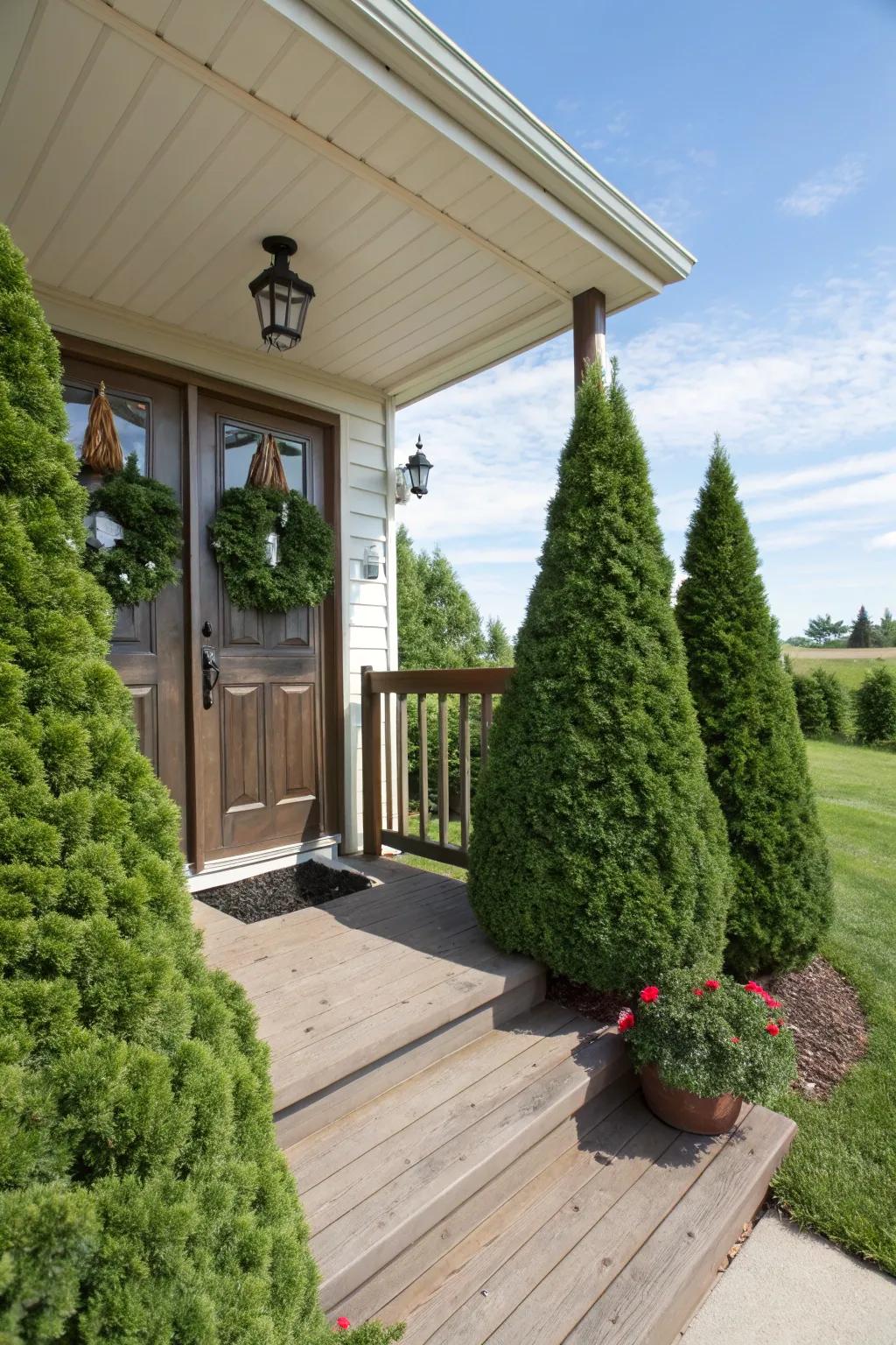 Dwarf Alberta Spruce provides a structured elegance to home fronts.