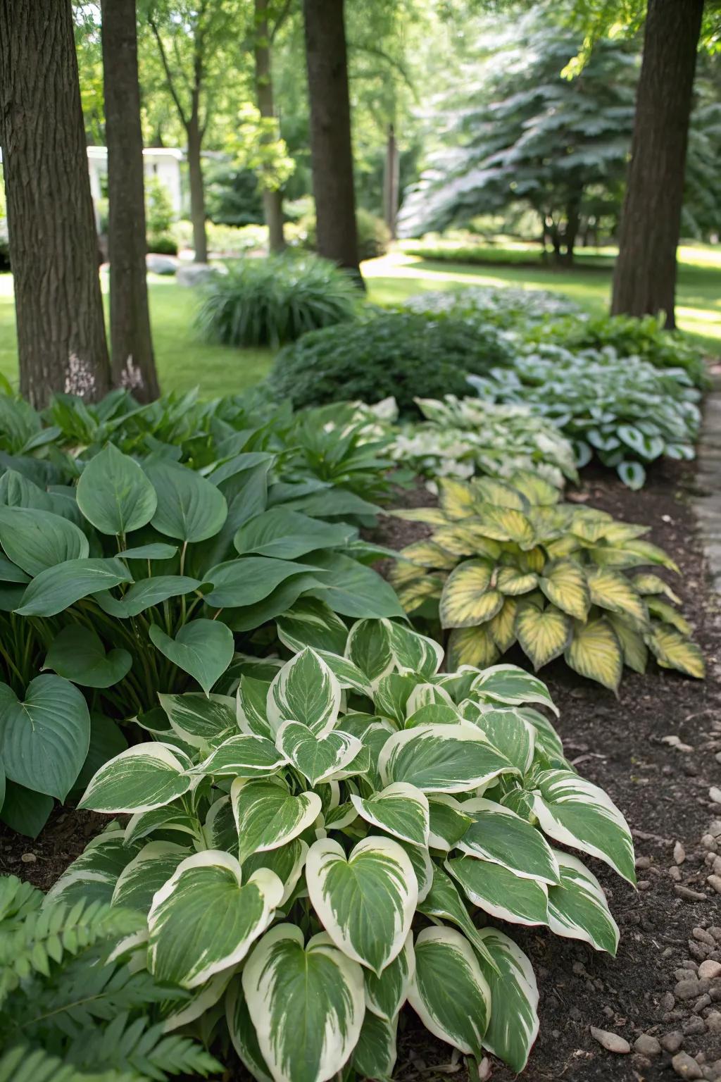 Lush hostas filling a shaded garden bed with diverse foliage.