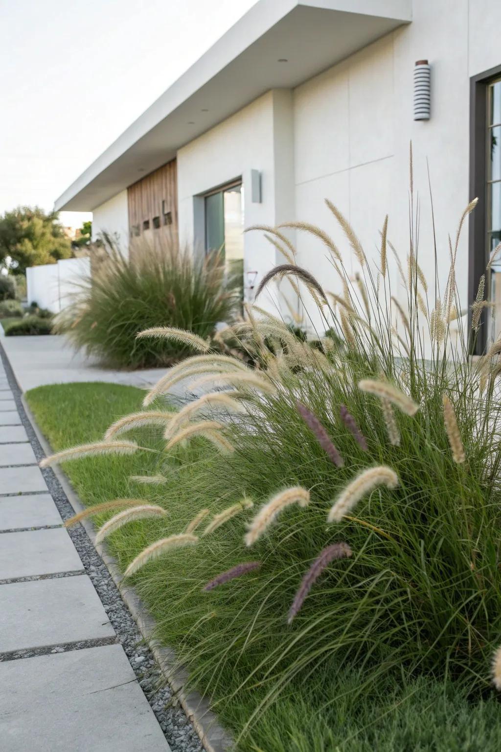 Ornamental grasses adding texture and movement to a low-maintenance front yard.
