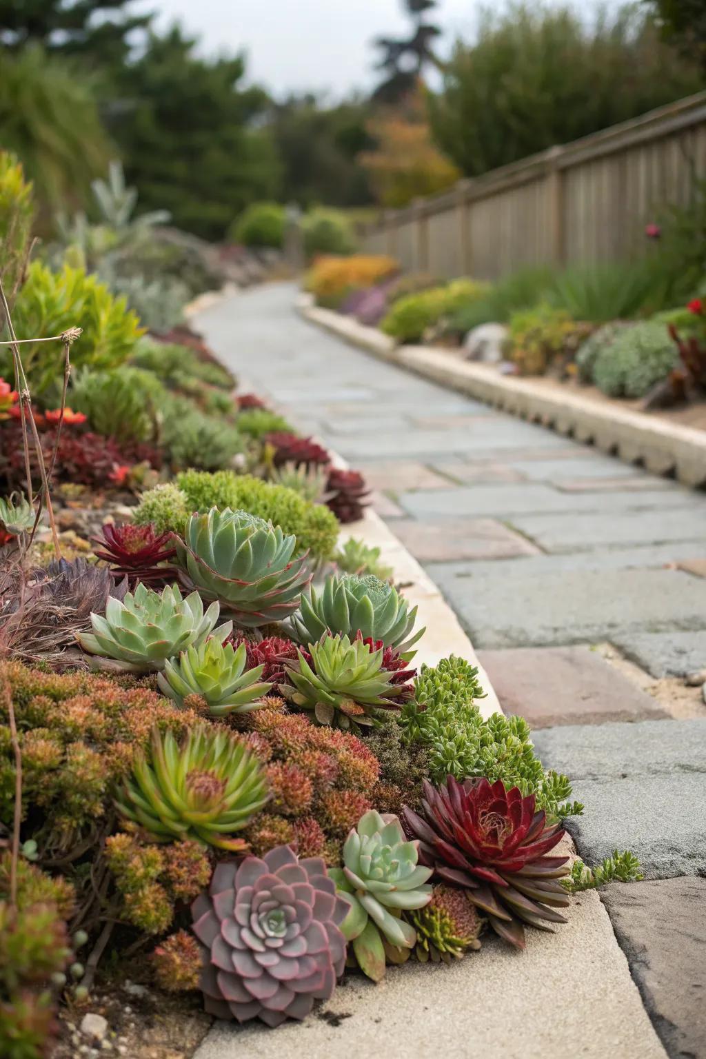 A succulent border enhances the charm of any walkway.