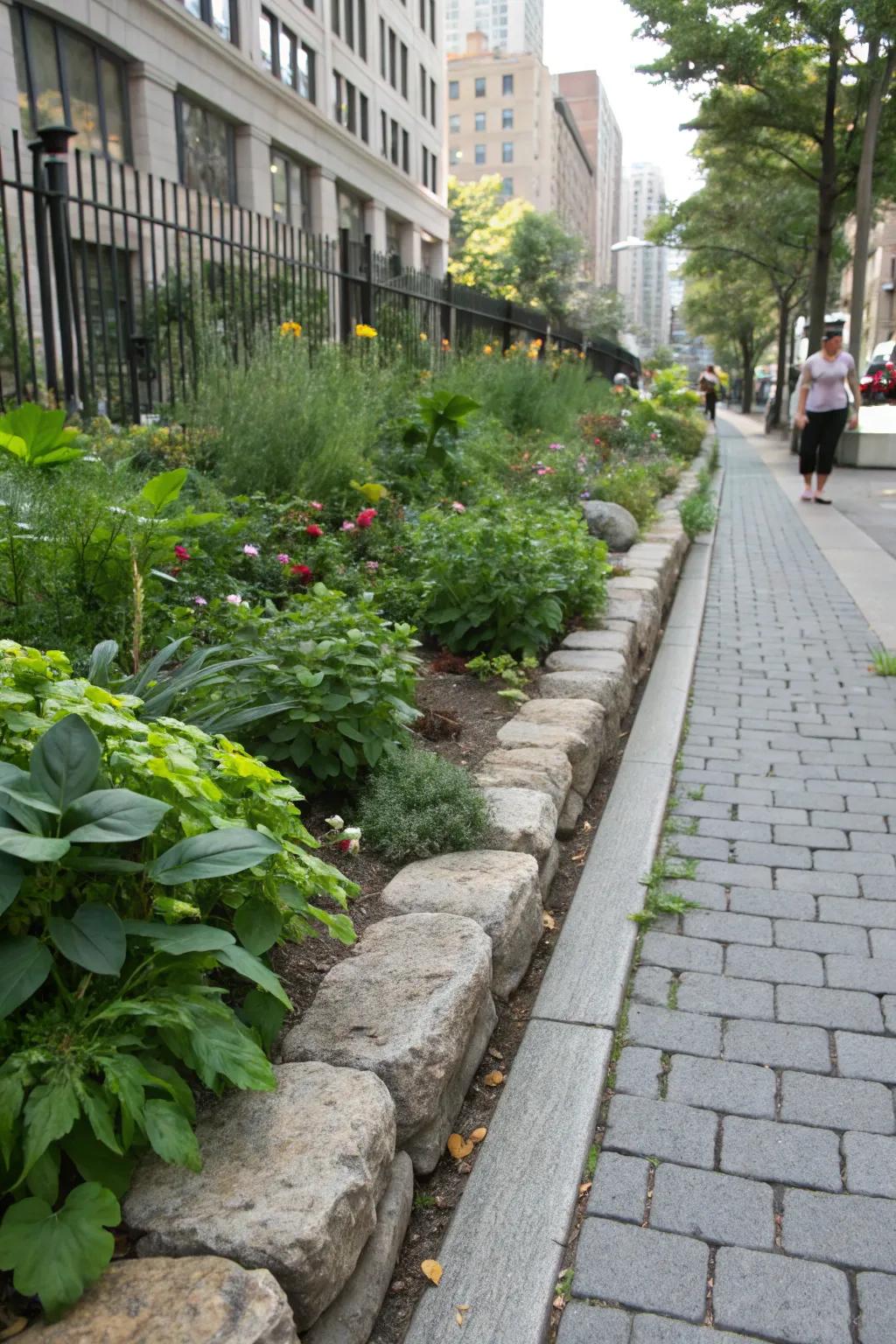 Decorative stone edging provides a neat finish to your hellstrip garden.