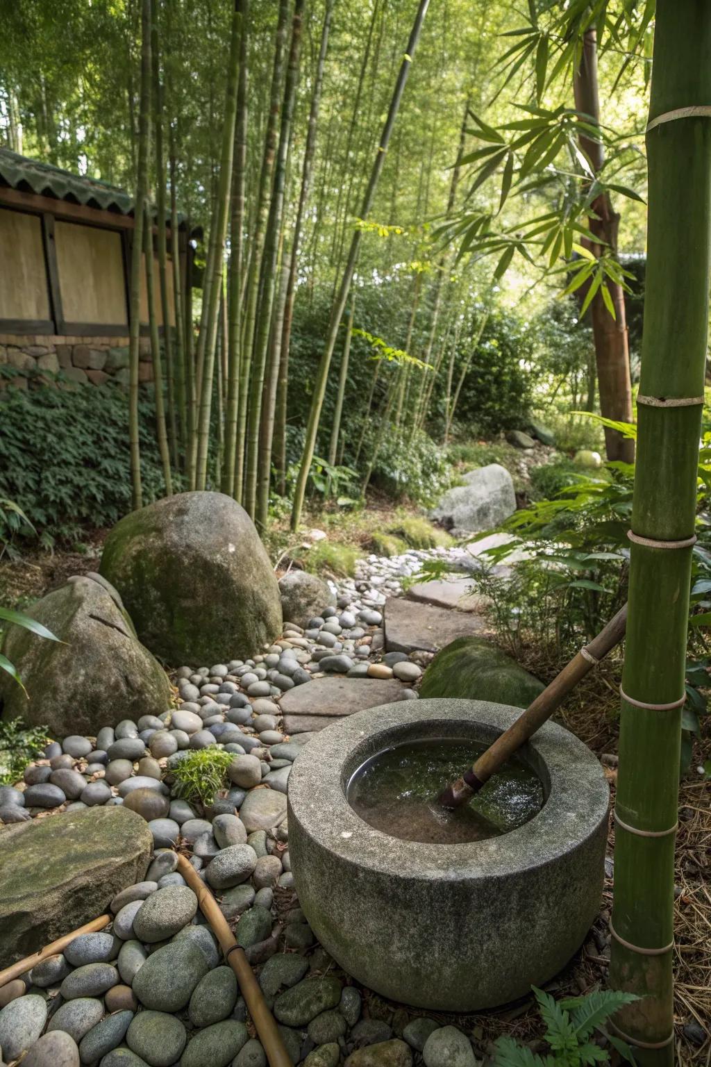 A stone water basin adds tranquility without high maintenance.