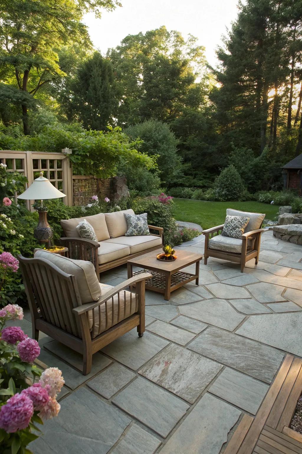 A stone patio is both functional and low-maintenance.