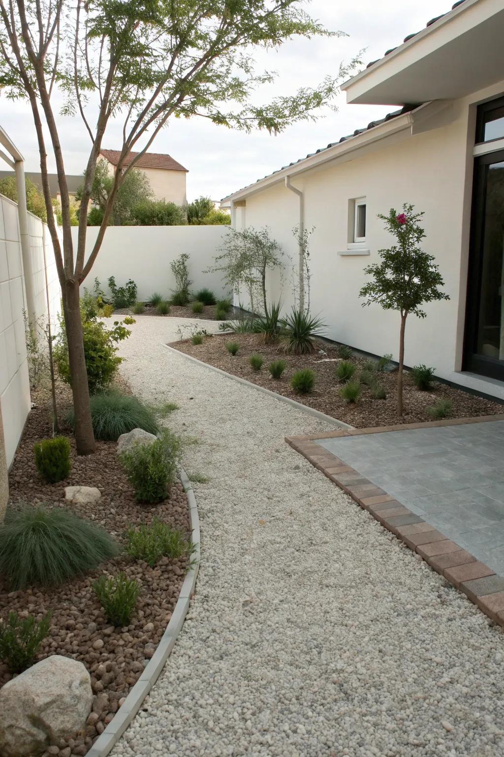Gravel ground cover providing a clean, low-maintenance look.