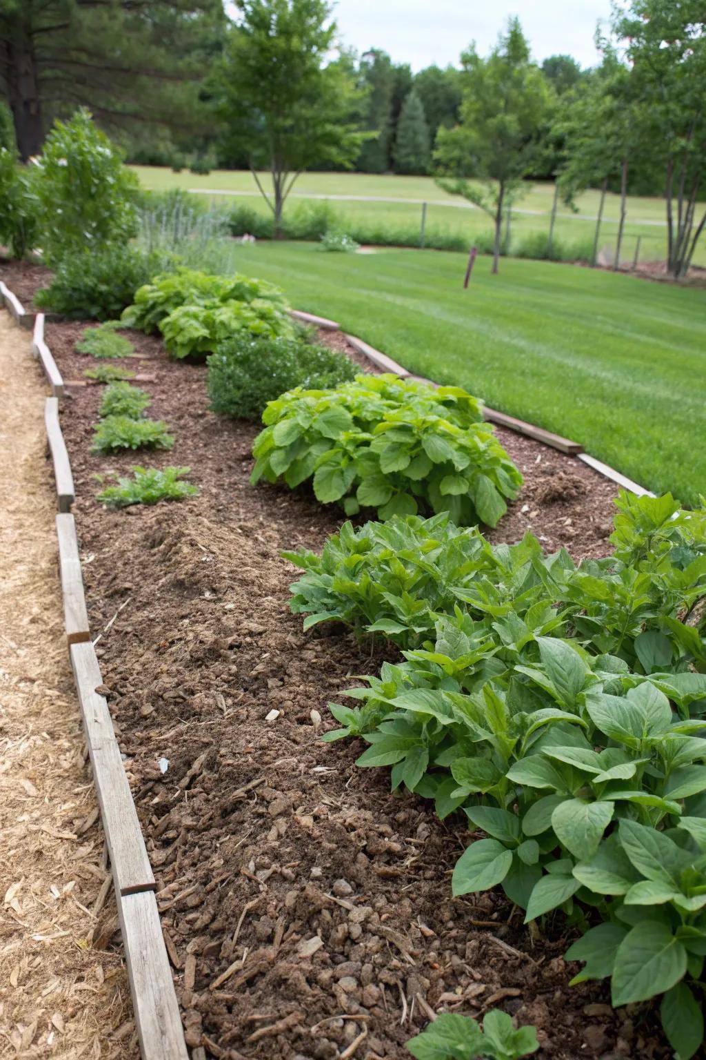 Mulched garden beds minimize maintenance and enhance plant health.
