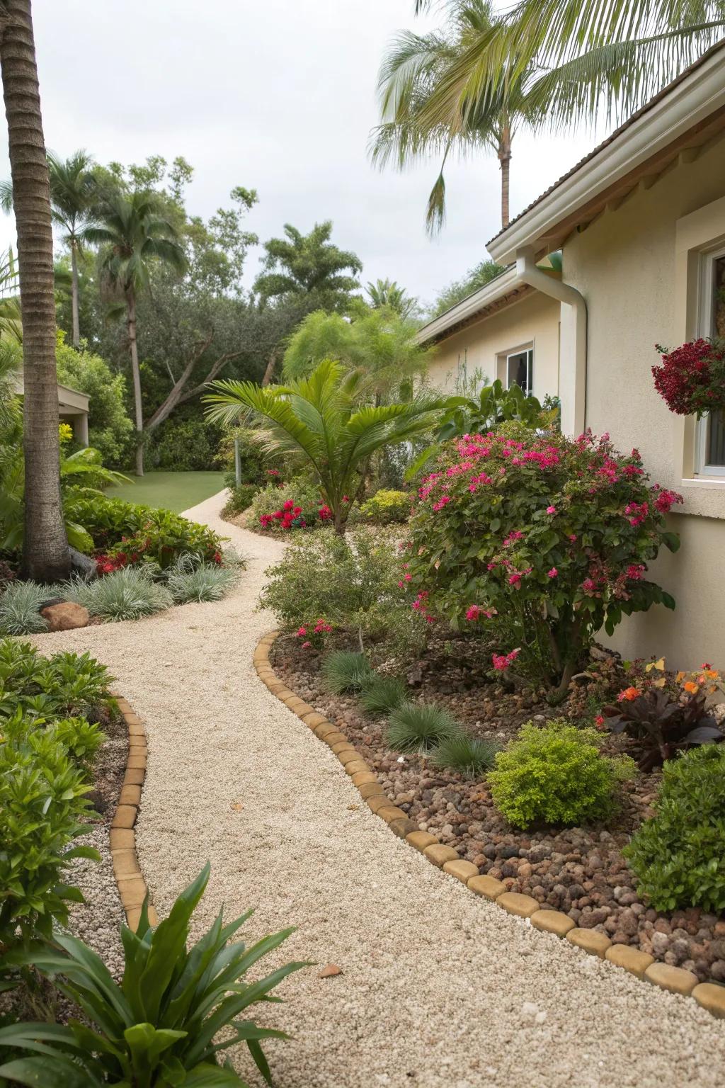 Gravel and mulch ground covers in a tropical front yard reduce maintenance and enhance aesthetics.