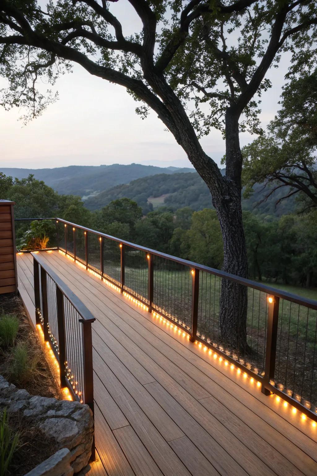 Under-rail LED strips offer a sleek, subtle glow.