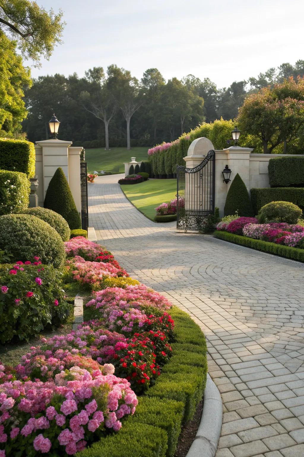 Lush gardens enhance the beauty of any driveway.