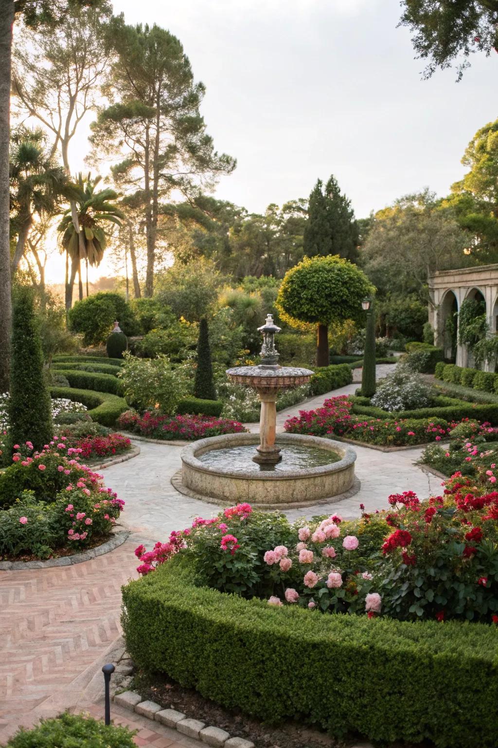 A tranquil garden fountain surrounded by lush plantings.