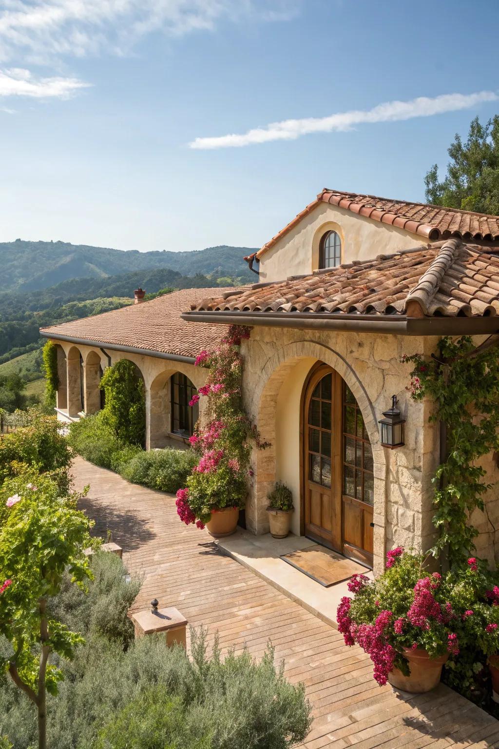 Mediterranean magic with arched entrances and terracotta tiles.