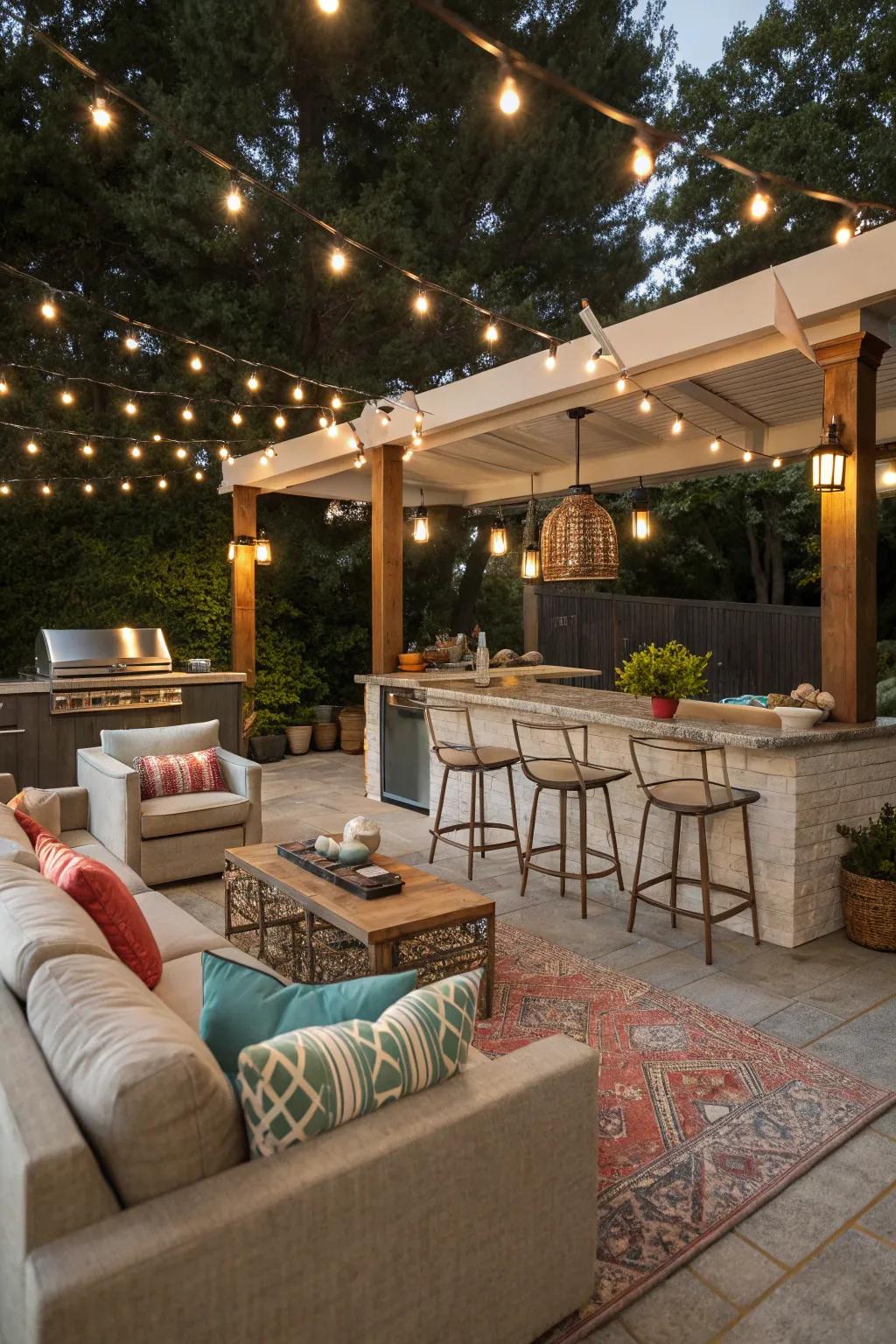 Comfortable seating transforms your outdoor kitchen into a social hub.
