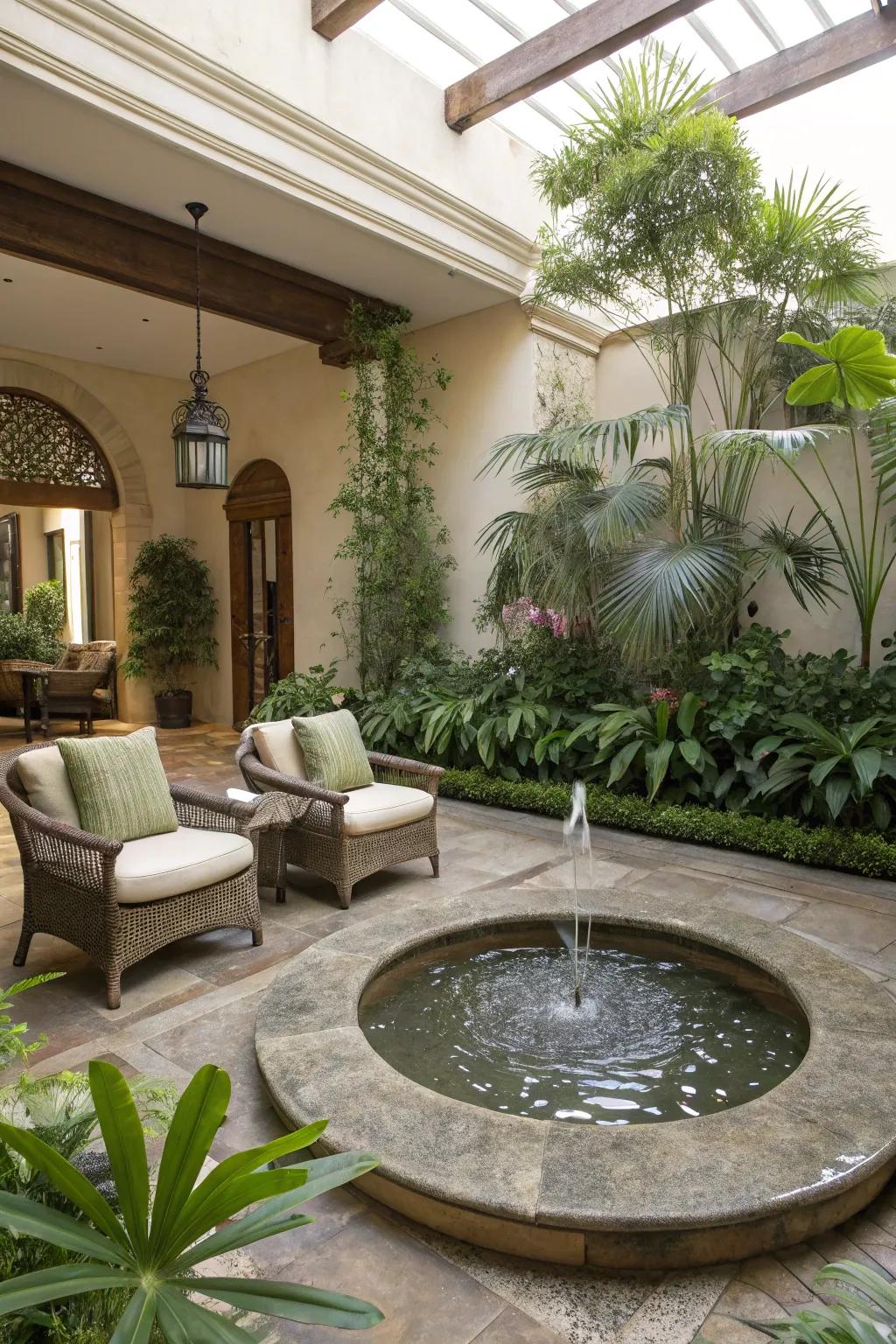 Serene patio with a tranquil water feature.