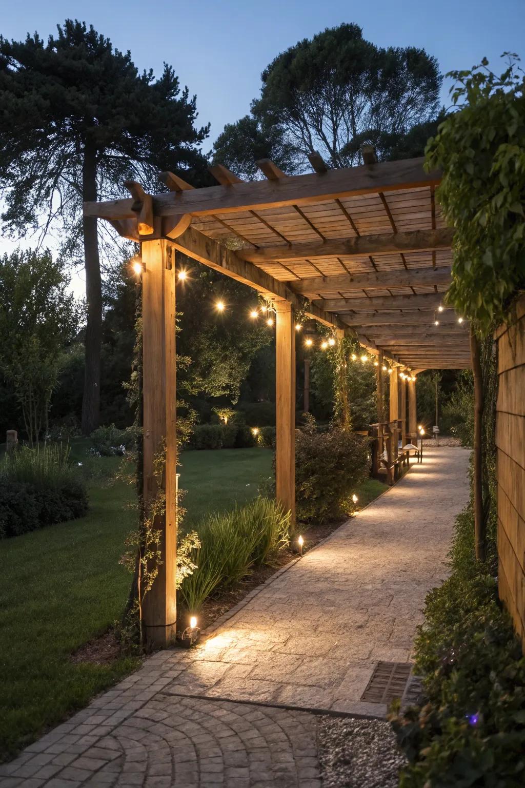 Integrated lighting under a pergola creates a magical evening ambiance.