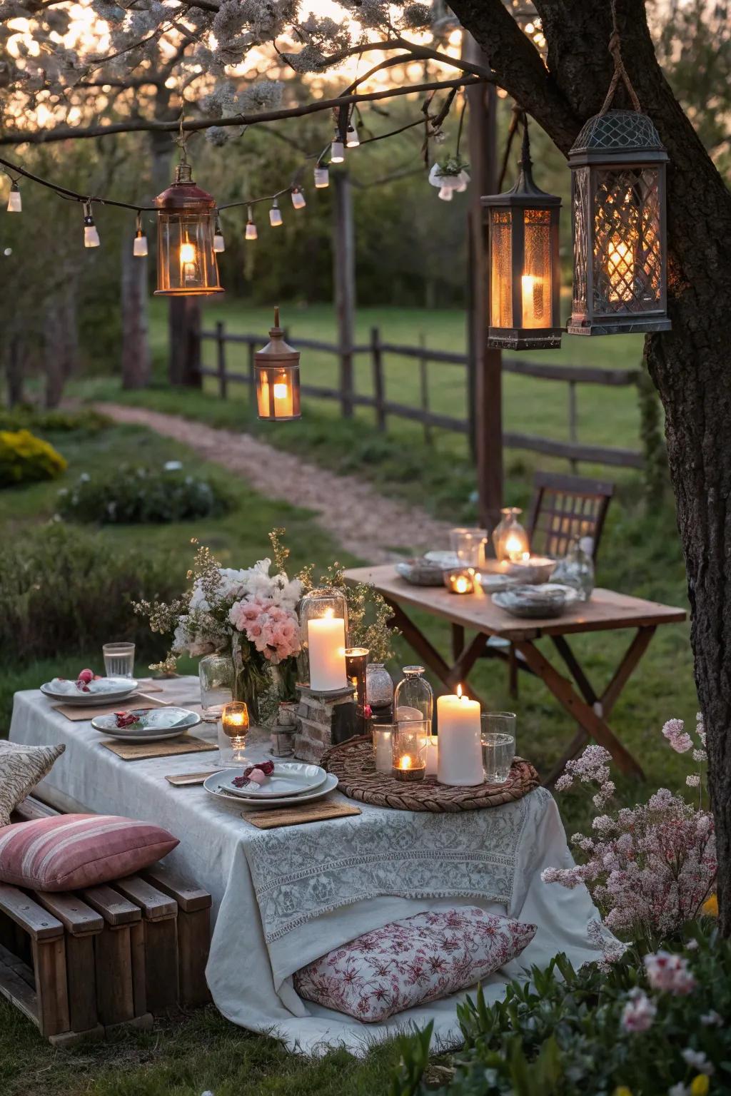 A picnic setting illuminated by the gentle glow of candles and lanterns.