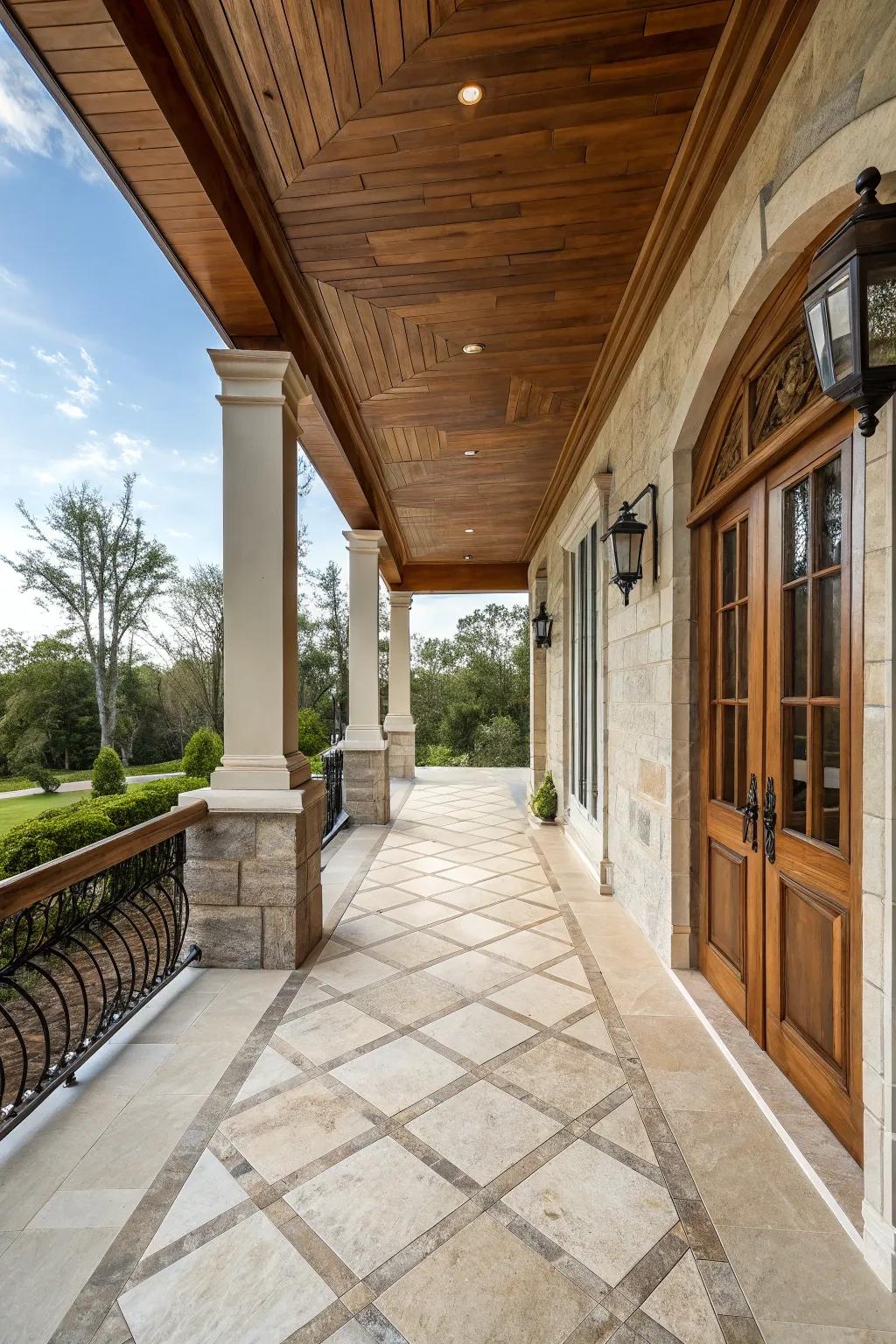 Embrace the warmth and elegance of rich materials on your luxury porch.