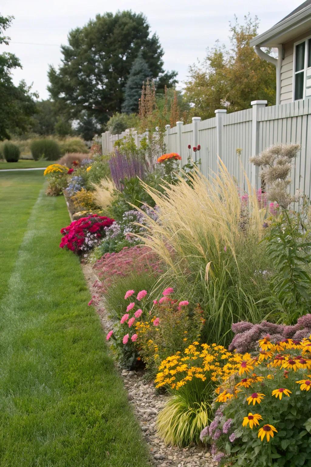 Create stunning mixed borders with maiden grass and vibrant flowers.