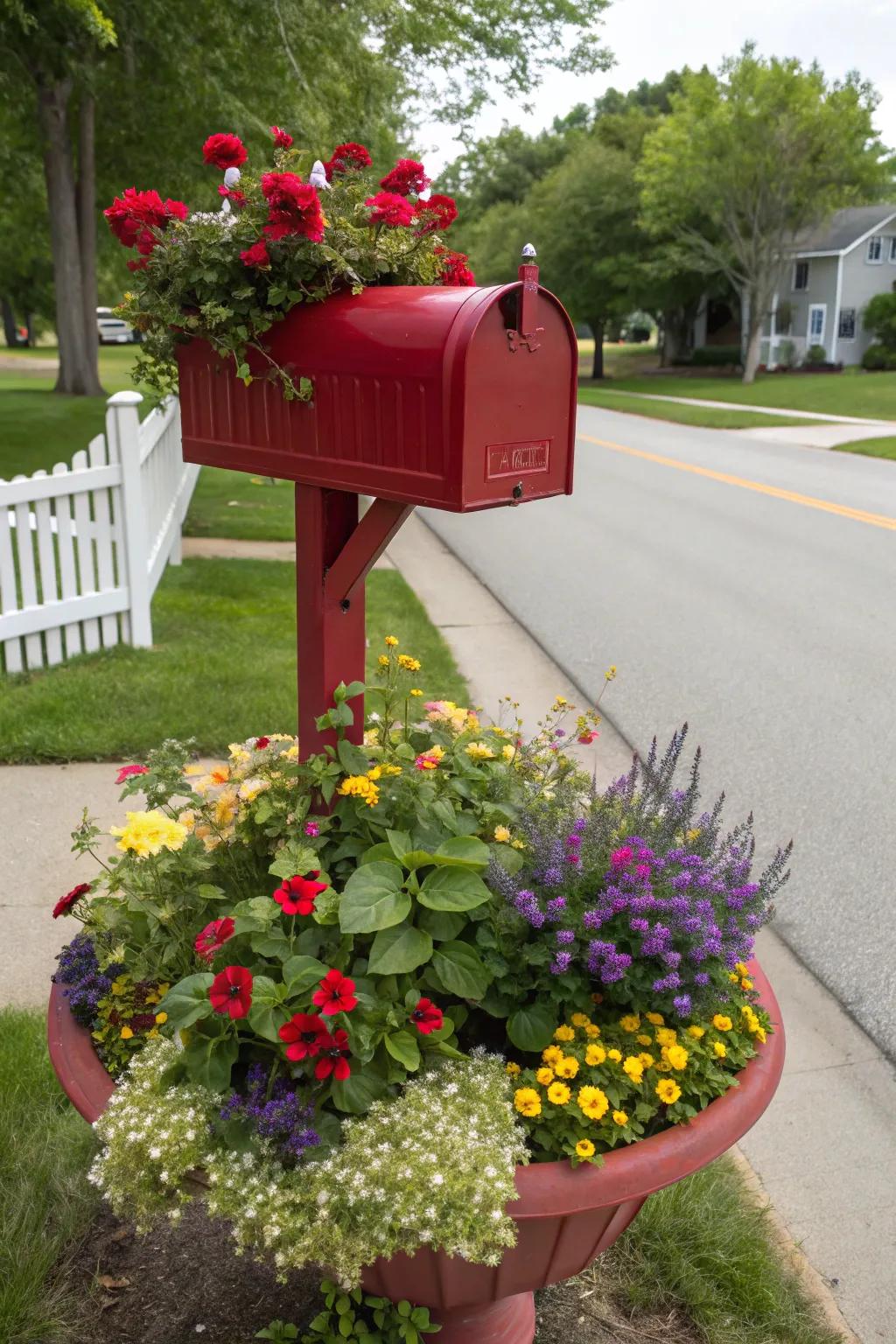 A floral planter brings life and color to your mailbox area.