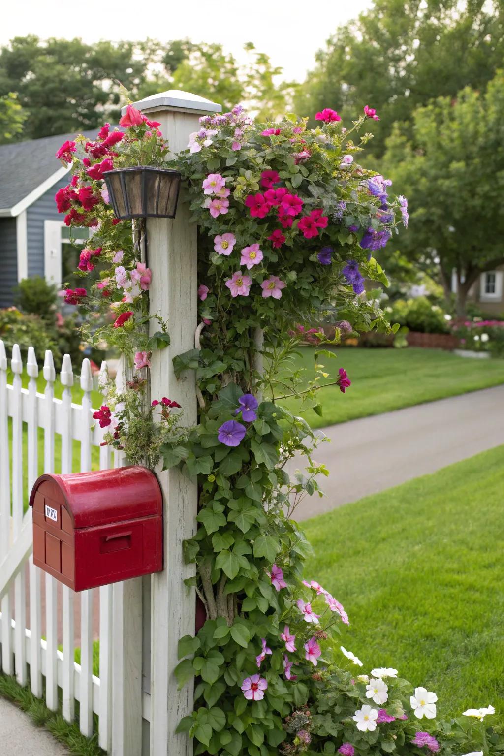 A floral trellis transforms a mailbox into a garden centerpiece.