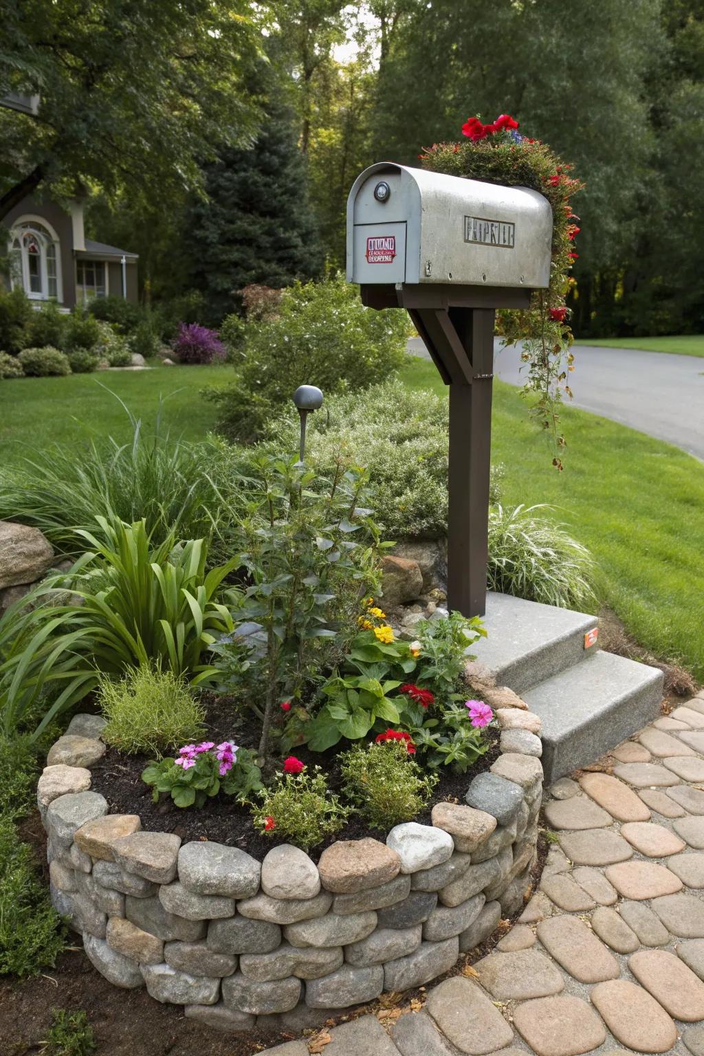 Stone borders add elegance and structure to your mailbox garden.
